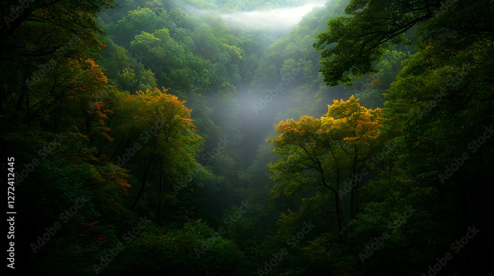 Fototapeta premium Misty green forest valley filled with dense fog during a quiet morning in the wilderness.