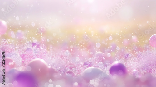 Dreamy Bubble Field Landscape Soft Hues and Magical Light Sparkles with Sweet Pastel Color Palette.
