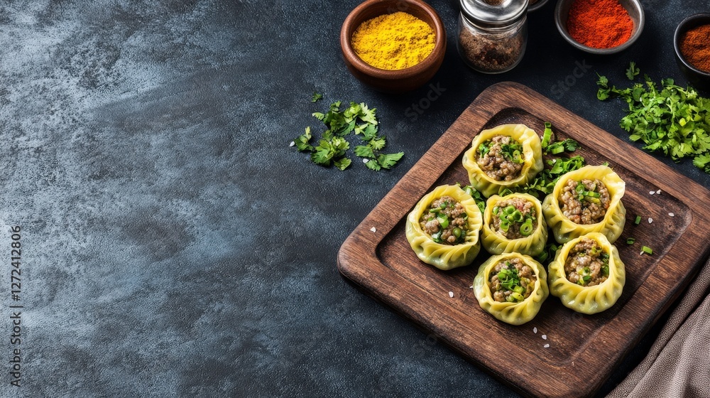 Momos on wooden board against textured backdrop, spices, herb garnish. Food blog Momos on wooden board against textured backdrop, spices, herb garnish. Food blog