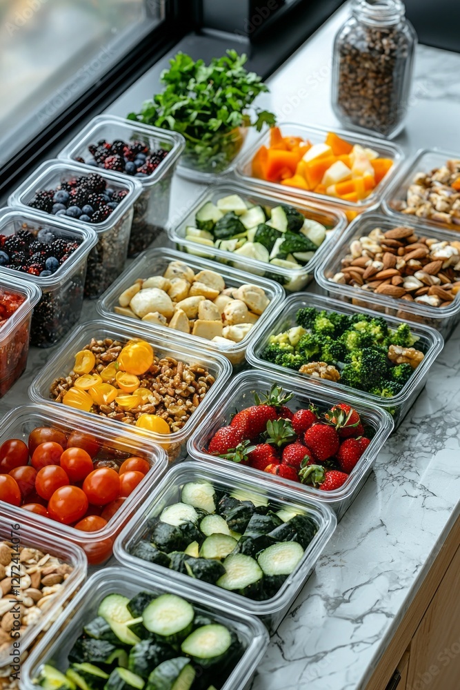Fresh fruits, vibrant veggies, and nutritious snacks are beautifully organized in reusable containers along a sleek marble countertop. A refreshing display for lunchtime inspiration Fresh fruits, vibrant veggies, and nutritious snacks are beautifully organized in reusable containers along a sleek marble countertop. A refreshing display for lunchtime inspiration