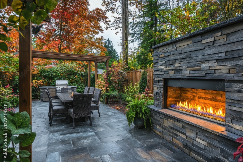 Autumnal backyard patio with stone fireplace and dining area. Perfect for showcasing outdoor living spaces, fall ambiance, and luxury home design. Autumnal backyard patio with stone fireplace and dining area. Perfect for showcasing outdoor living spaces, fall ambiance, and luxury home design.