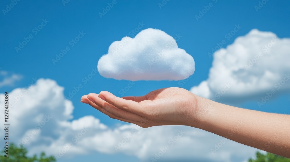 Hand Reaching for Floating Cloud Against Blue Sky Background Hand Reaching for Floating Cloud Against Blue Sky Background