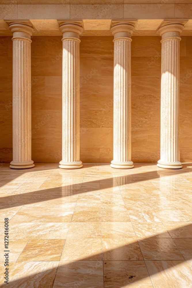 Fototapeta premium Sunlit Classical Interior with Four White Columns and Beige Stone Walls