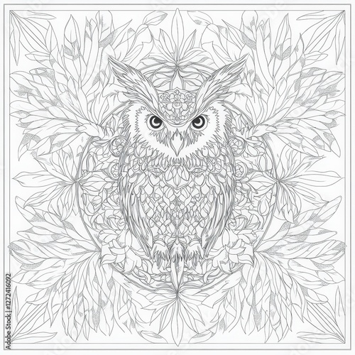 Owl sitting amidst lush foliage, a complex coloring page for relaxation