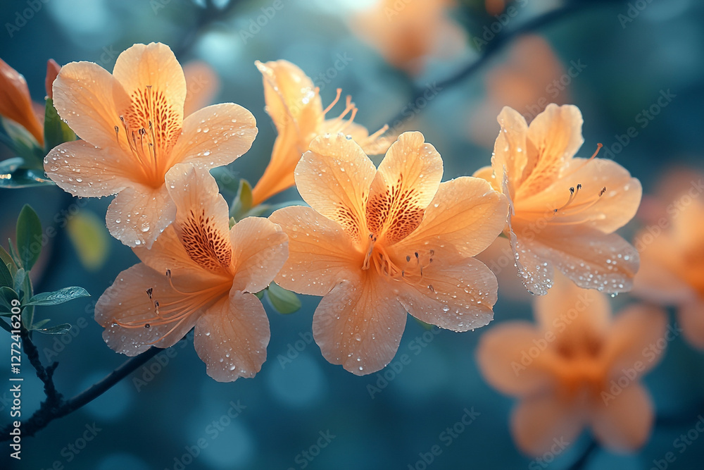 Translucent Azaleas Gleaming with Dew Drops Against a Soft Azure Backdrop Translucent Azaleas Gleaming with Dew Drops Against a Soft Azure Backdrop