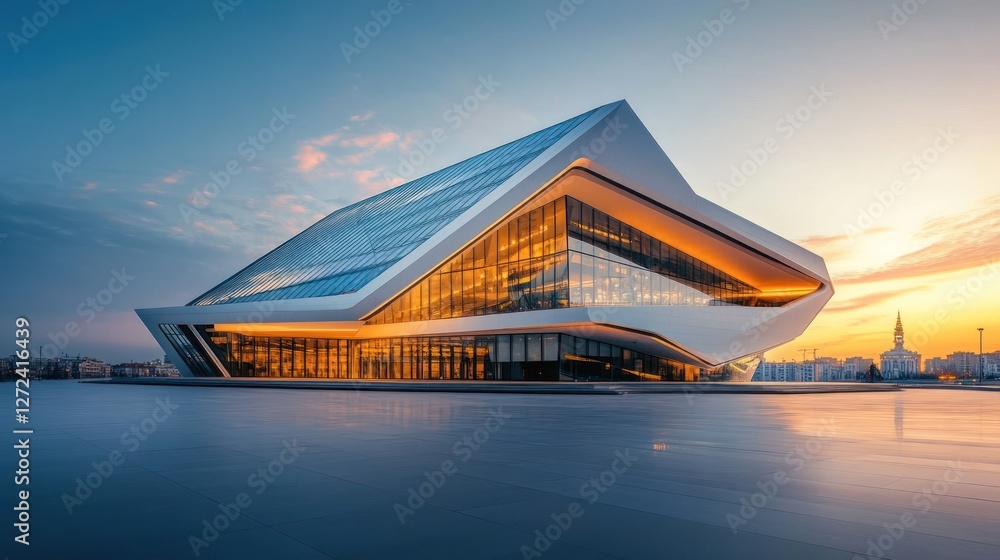 Obraz premium Modern architecture building at sunset, reflecting in water.