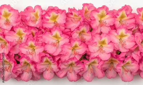 A vibrant arrangement of pink rhododendron flowers on a white background, showcasing their intricate details