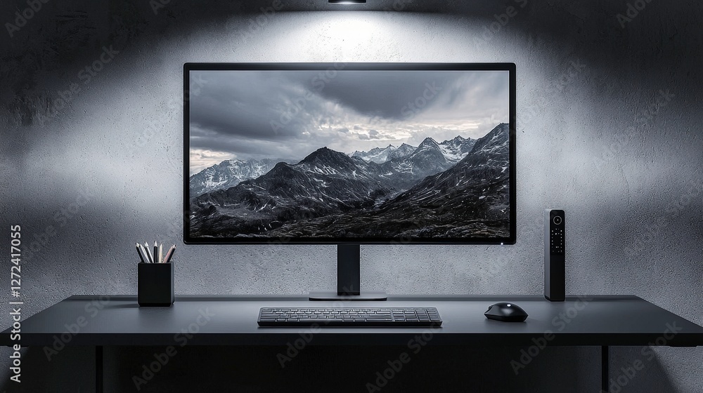 Fototapeta premium PC monitor showing a mountain scene on a desk with a mouse and keyboard