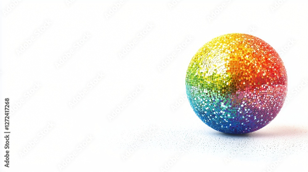 Rainbow glitter ball on white background, festive decoration, holiday season Rainbow glitter ball on white background, festive decoration, holiday season