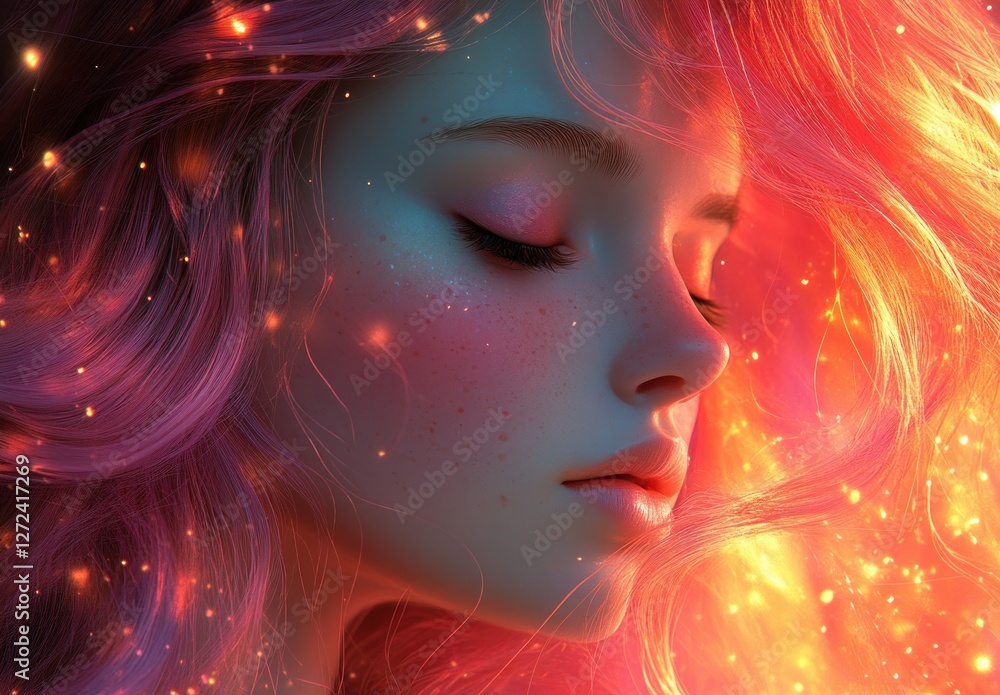 Whimsical Illustration of a Happy Girl with Pink Hair Reading an Open Book Surrounded by Dreamy Pastel Background Whimsical Illustration of a Happy Girl with Pink Hair Reading an Open Book Surrounded by Dreamy Pastel Background