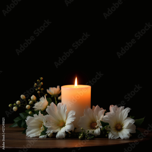 Elegant burning candlelight and white flowers tribute for memorial service announcement on wooden table, black background with copyspace for obituary text.