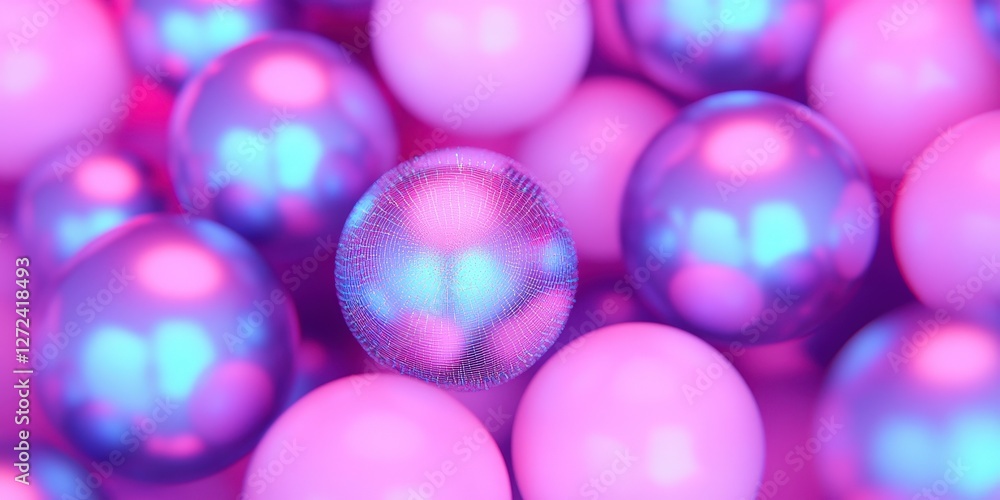 Pile of shiny spherical shapes in gradient pink/blue tones for backdrop, poster, or science concept Pile of shiny spherical shapes in gradient pink/blue tones for backdrop, poster, or science concept