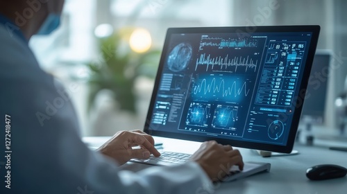 Doctor reviewing patient data on computer screen, displays medical charts, graphs, and vital signs for diagnosis and treatment.