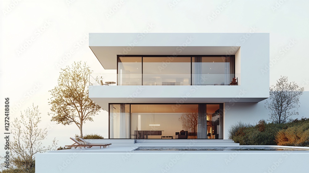 Modern minimalist house, pool, sunset view. Architectural design, real estate Modern minimalist house, pool, sunset view. Architectural design, real estate