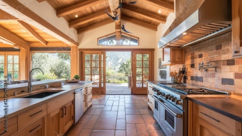 A spacious kitchen with a bright interior, ensuring the stove is not in direct line with the door