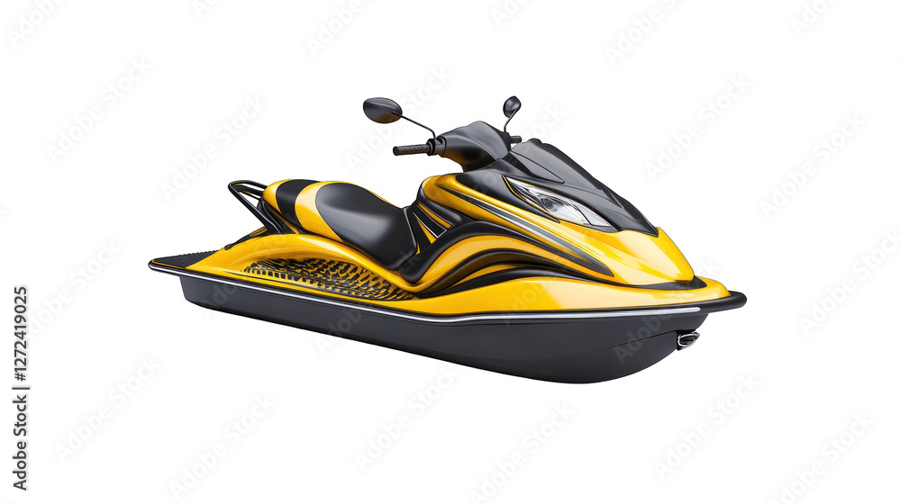 A yellow and black jet ski is parked on a white background