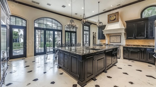 A spacious kitchen with a bright interior, ensuring the stove is not in direct line with the door