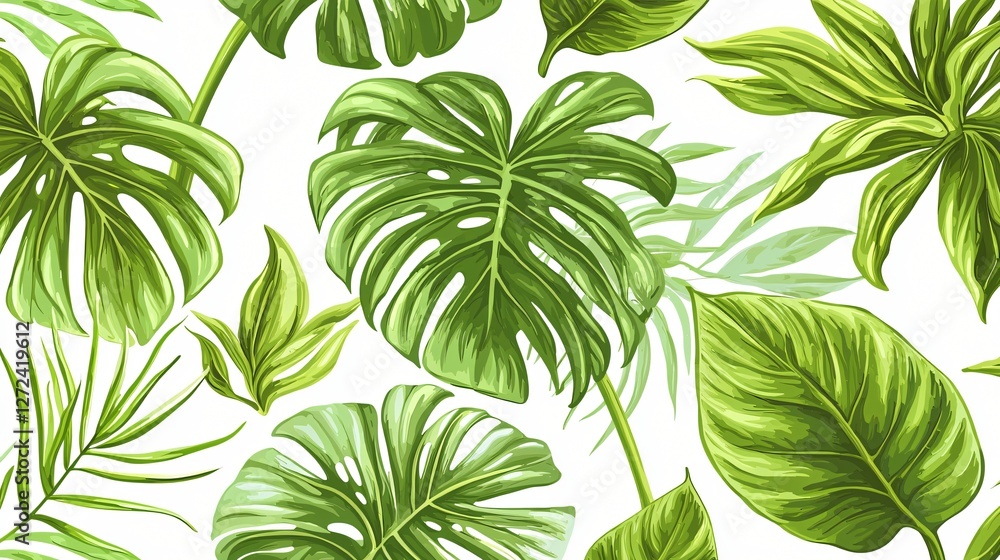 Lush tropical leaves pattern, white background, design Lush tropical leaves pattern, white background, design