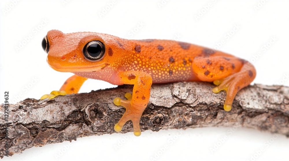 Fototapeta premium Orange frog on branch, white background, nature, wildlife