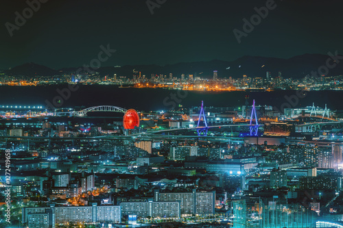 Cityscape of Osaka bay area at night