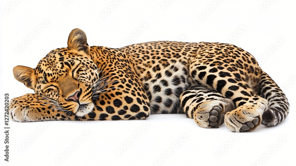 Naklejka premium Leopard sleeping, white background, wildlife photography, for nature publications