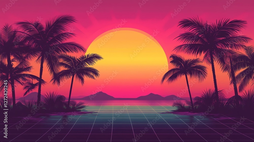 Naklejka premium A vibrant sunset scene featuring palm trees silhouetted against a colorful gradient sky, creating a perfect tropical atmosphere for relaxation.