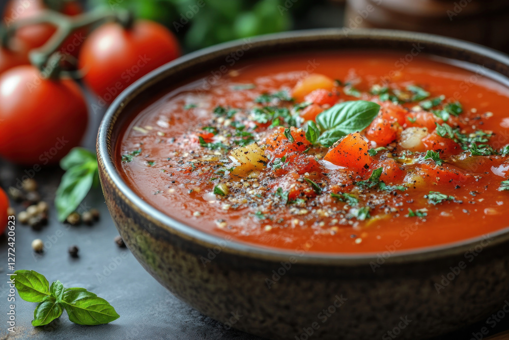 A bowl of flavorful tomato soup topped with fresh basil leaves, chopped spices, and chunks of fresh tomatoes and vegetables. A bowl of flavorful tomato soup topped with fresh basil leaves, chopped spices, and chunks of fresh tomatoes and vegetables.