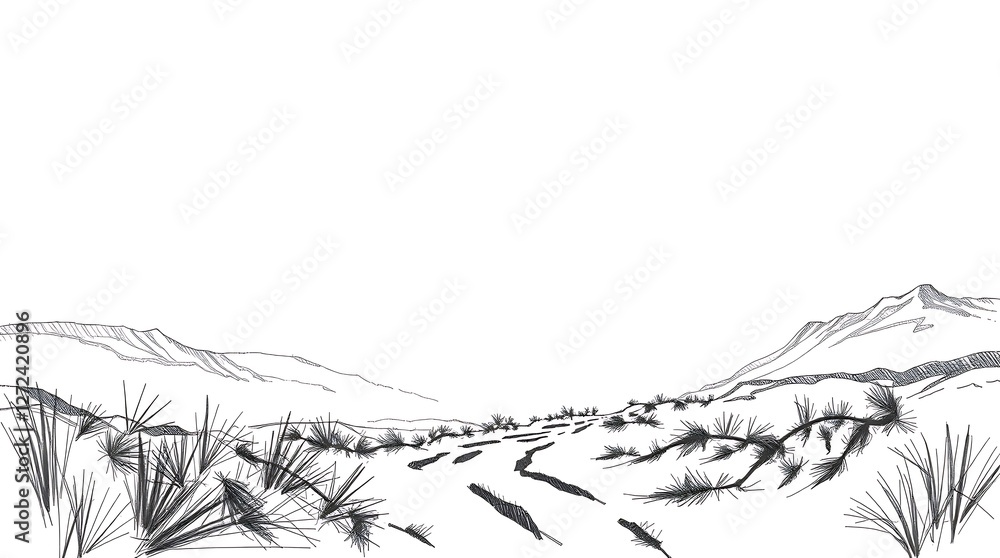 Fototapeta premium Desert Landscape Line Drawing, Minimalist Nature Art