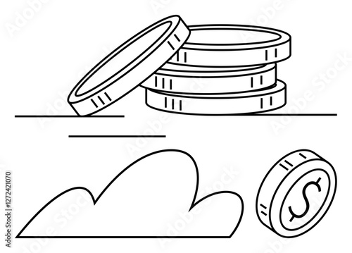 Stacked coins, a floating coin, and a cloud outline highlight digital finance, saving, investment, business growth, cloud services, fintech wealth management. Abstract line flat metaphor