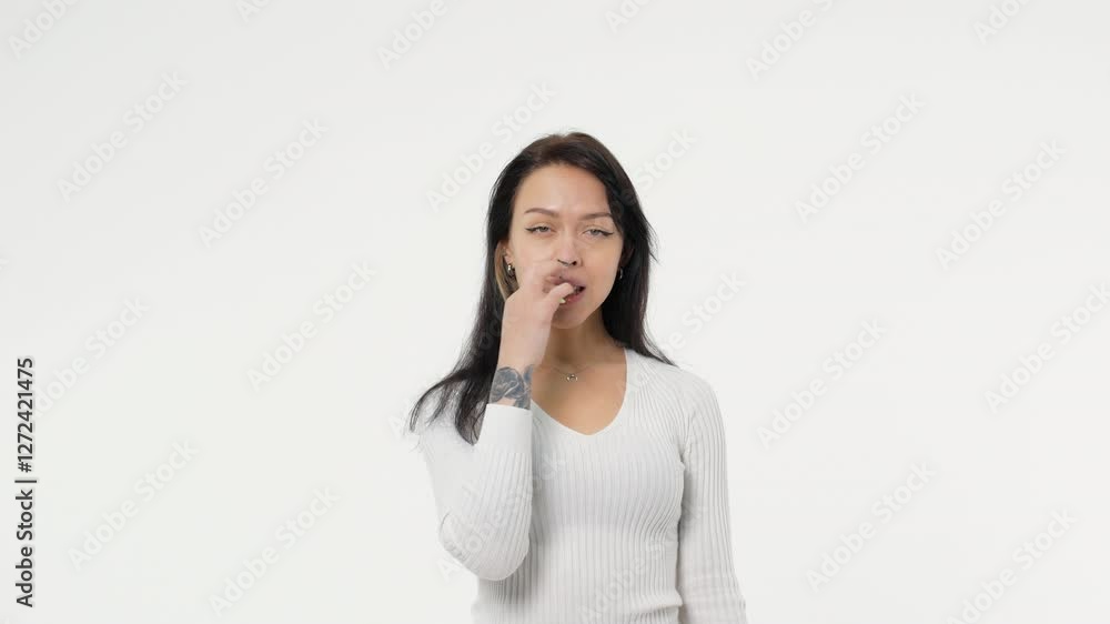 Woman, girl, chewing gum. Copy space on a white background Woman, girl, chewing gum. Copy space on a white background