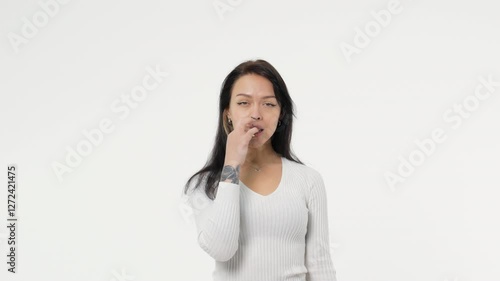 Woman, girl, chewing gum. Copy space on a white background