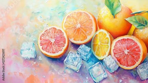 Vibrant citrus fruits including oranges, lemons, and grapefruits sit elegantly on colorful ice cubes amidst a soft, abstract background.