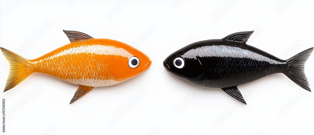 Naklejka premium Decorative Orange and Black Spotted Fish Displayed on a White Background for Artistic Contrast
