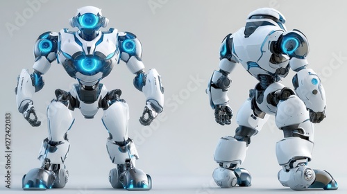 Futuristic white robot, front and back view, 3D render.