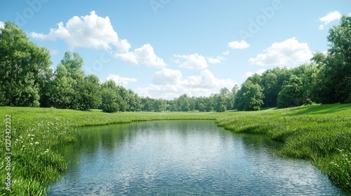 Calm river flowing through a vibrant green meadow lined with lush trees under a blue sky with white clouds during a sunny summer day.