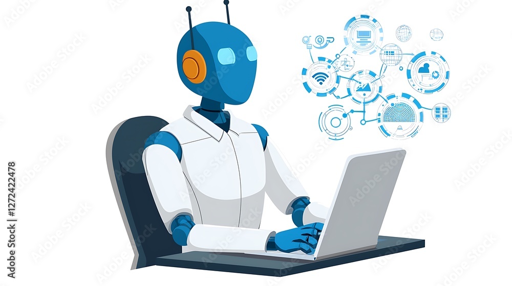 Friendly Robot Working on Laptop with Digital Elements Around Friendly Robot Working on Laptop with Digital Elements Around
