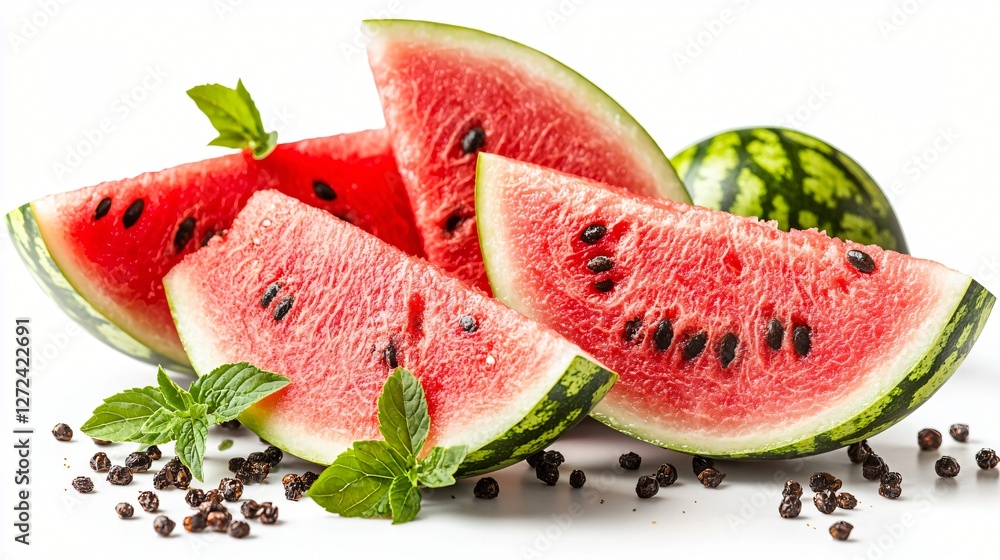 Juicy watermelon slices with mint, summer refreshment Juicy watermelon slices with mint, summer refreshment