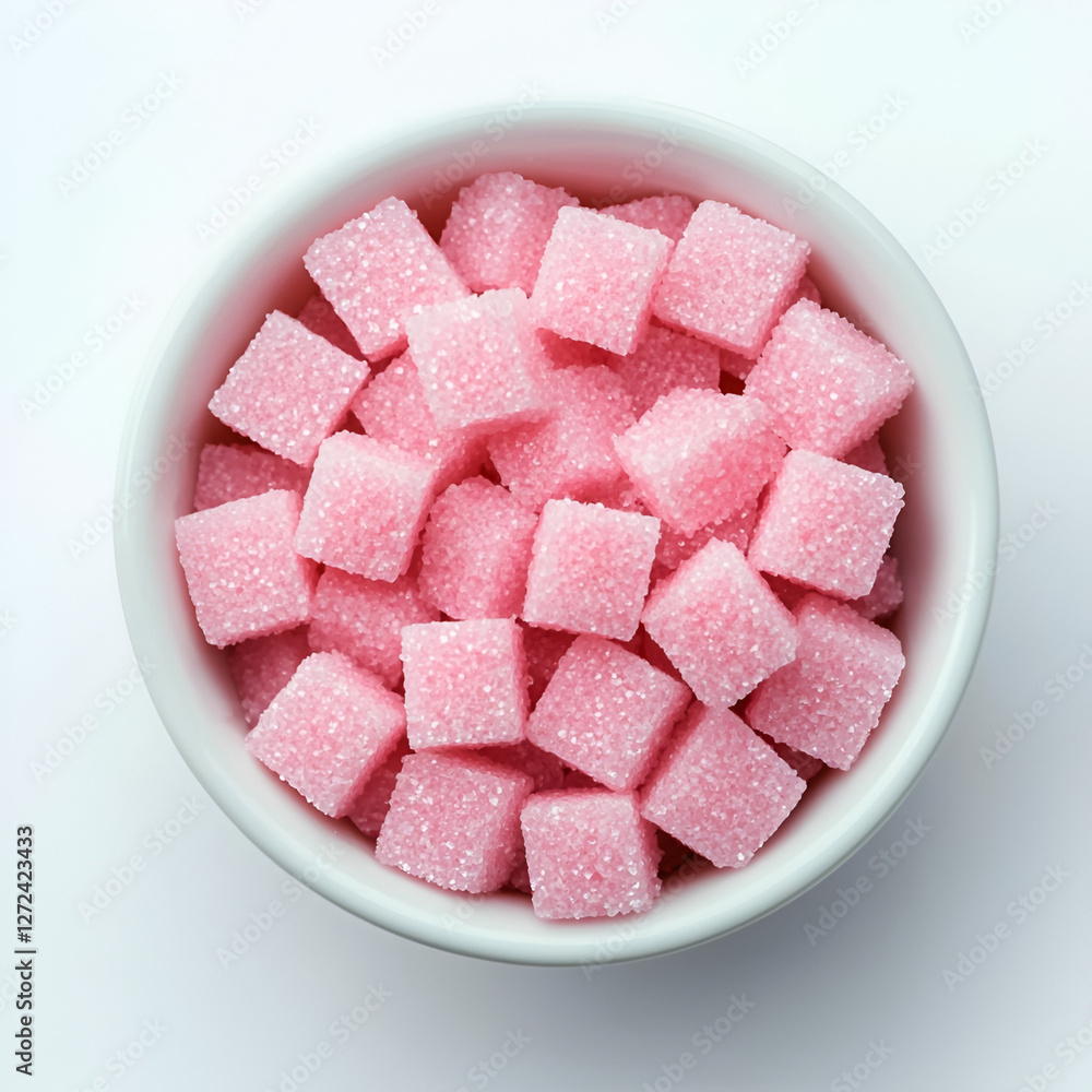 Bowl full of evenly cut, pink sugar cubes, creating an attractive and geometric arrangement. Bowl full of evenly cut, pink sugar cubes, creating an attractive and geometric arrangement.