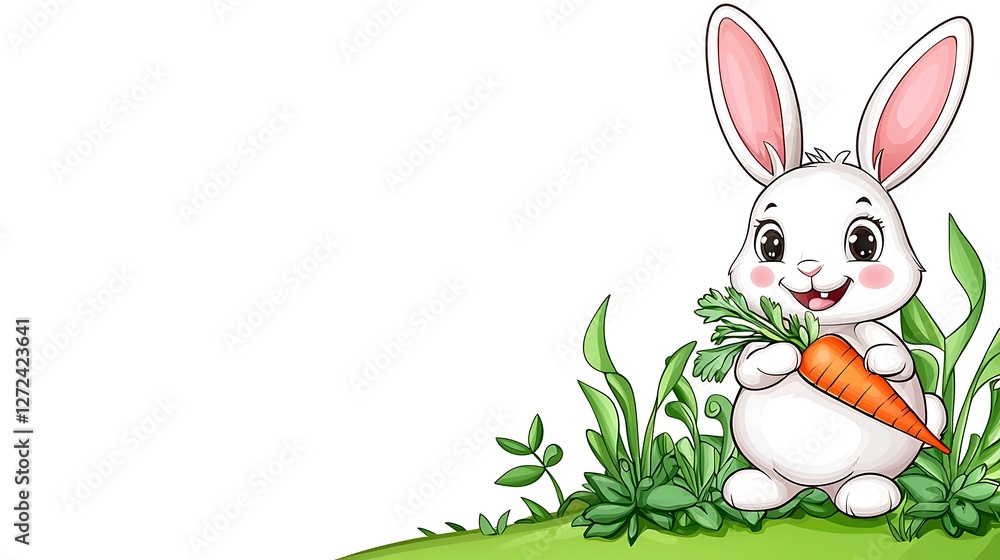 Obraz premium Cute Cartoon Bunny with Carrot Surrounded by Green Vegetation