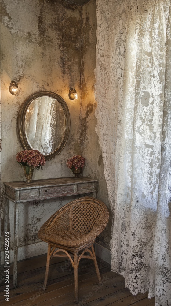 Obraz premium Rustic Weathered Vanity with Pink Flowers and Wicker Chair