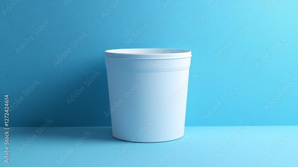 Studio Shot of Clean White Plastic Cup Container on a Blue Table and Textured Background Studio Shot of Clean White Plastic Cup Container on a Blue Table and Textured Background