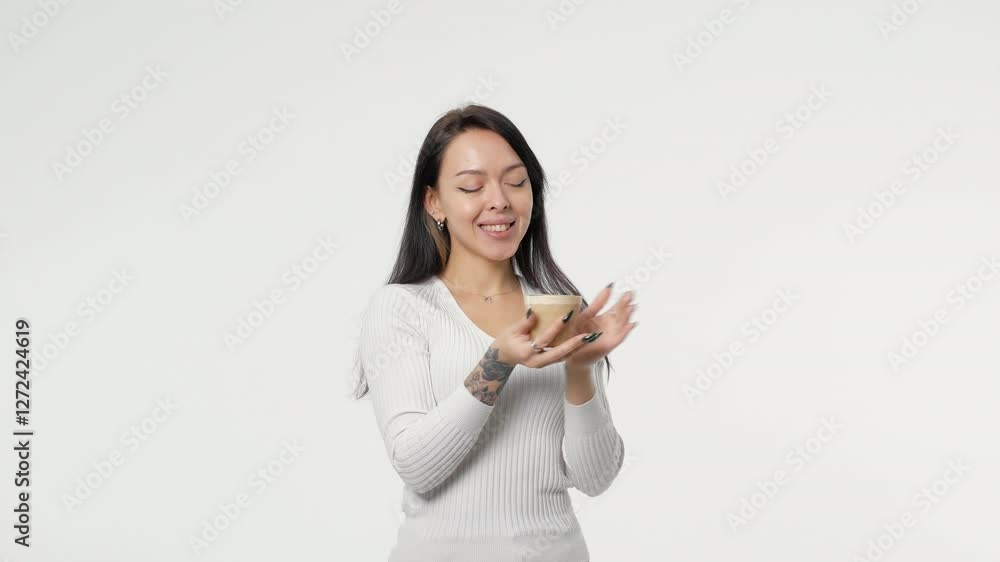 A woman girl smelling of coffee Copy space on a white background A woman girl smelling of coffee Copy space on a white background