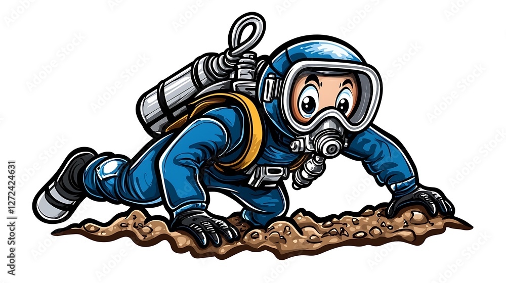 Cartoon Diver in Blue Suit Crawling on Ground with Equipment Cartoon Diver in Blue Suit Crawling on Ground with Equipment