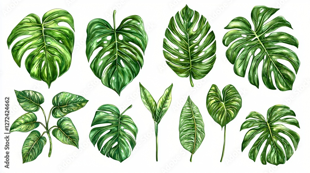 Tropical leaves collection, botanical illustration, white background, design element Tropical leaves collection, botanical illustration, white background, design element
