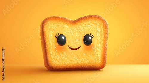 Cartoon toast with big eyes and smile, yellow background, whimsical and playful photo