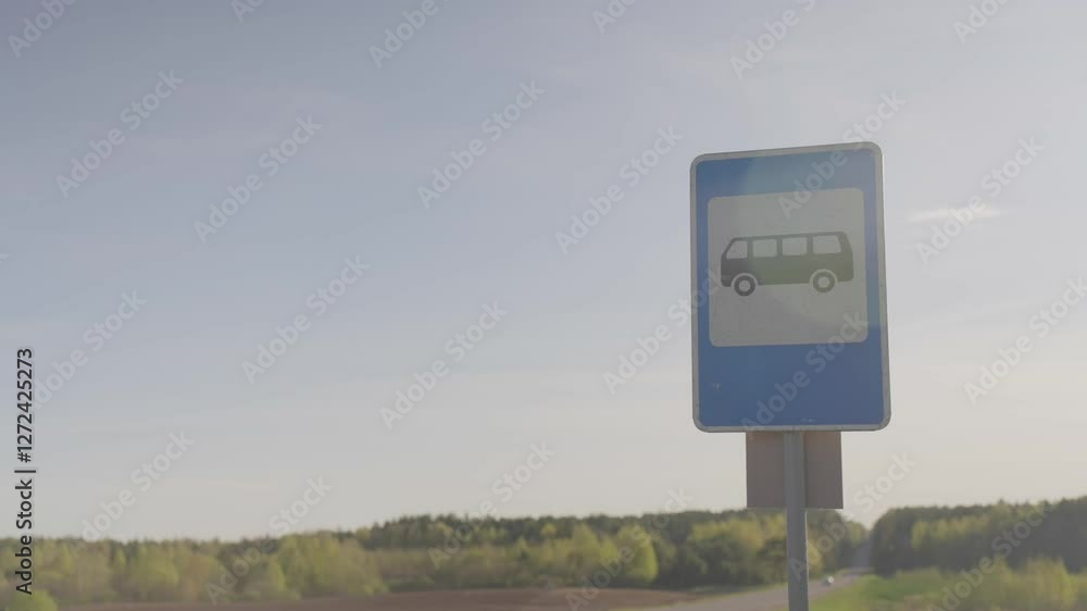 Blue bus stop sign stands next to passing traffic on highway. Paying attention to passengers. Suburban mode of transportation to city time lapse Blue bus stop sign stands next to passing traffic on highway. Paying attention to passengers. Suburban mode of transportation to city time lapse