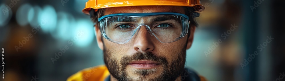 Confident construction worker in safety gear, industrial site background Confident construction worker in safety gear, industrial site background