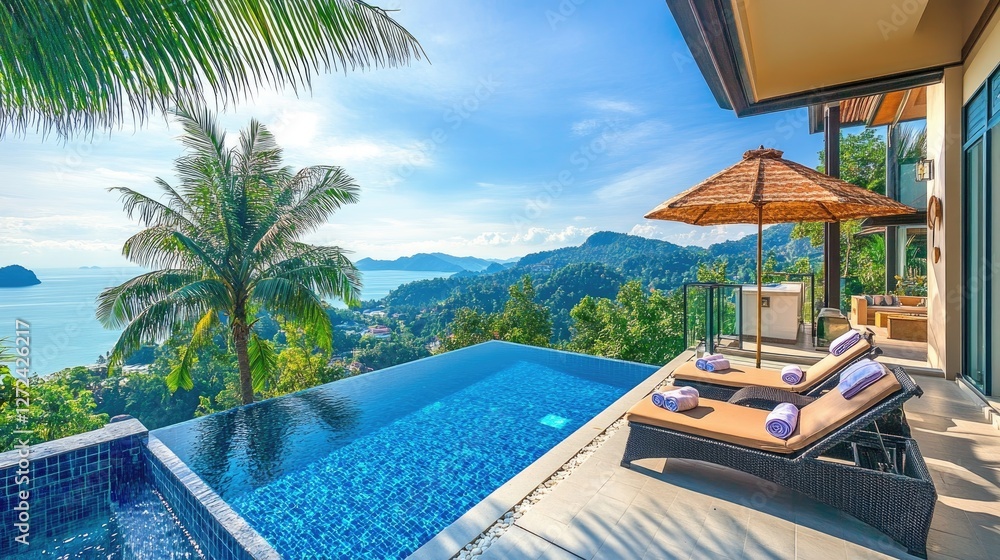 Fototapeta premium Luxury villa terrace with sun loungers, parasol shade, infinity pool, palm trees, clear blue sky, and breathtaking ocean view. No people no text