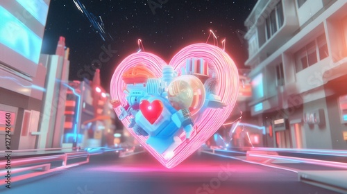 Romantic robot in a neon city, sci-fi backdrop for Valentine's Day or technology theme