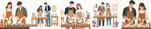 A couple taking a pottery class together, feeling creative and hands-on. Style flat design, simple, minimalist, background white. Standing fullbody.